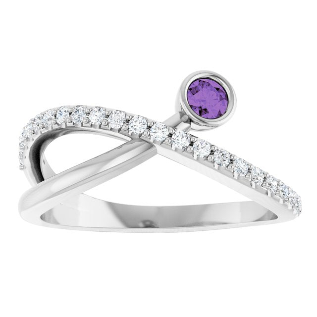 14K White Gold Round 3 Mm Polished Natural Amethyst And 1/5 Ctw Natural Diamond Criss-Cross Ring, Size 7