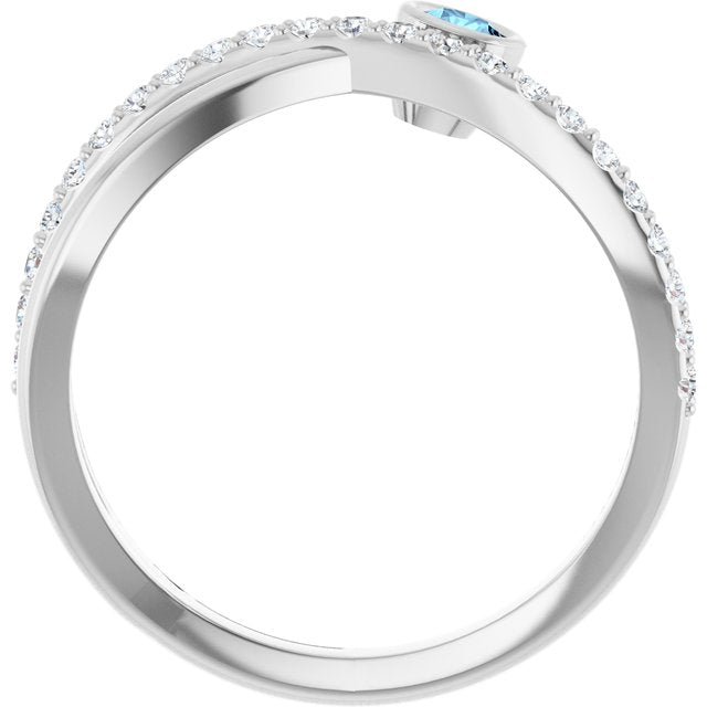 14K White Gold Round 3 Mm Polished Natural Aquamarine And 1/5 Ctw Natural Diamond Criss-Cross Ring, Size 7