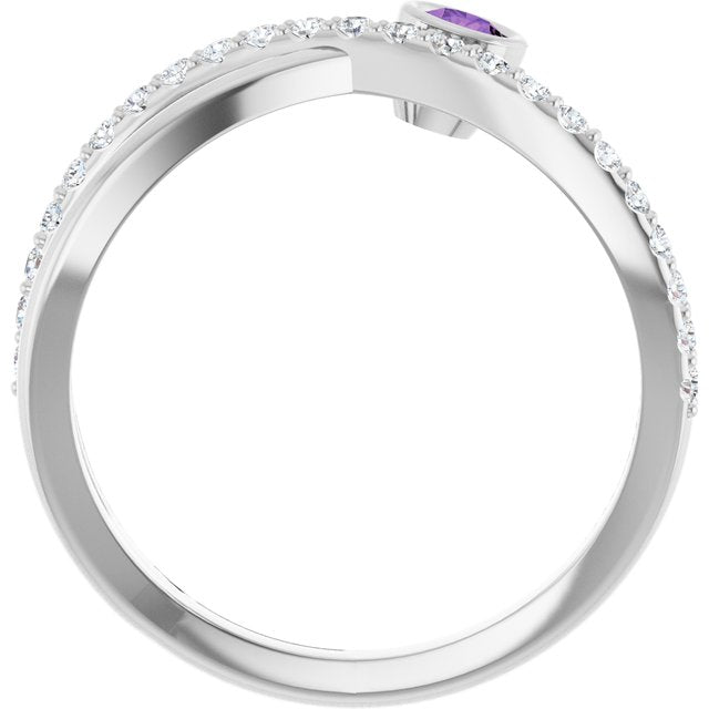 14K White Gold Round 3 Mm Polished Natural Amethyst And 1/5 Ctw Natural Diamond Criss-Cross Ring, Size 7