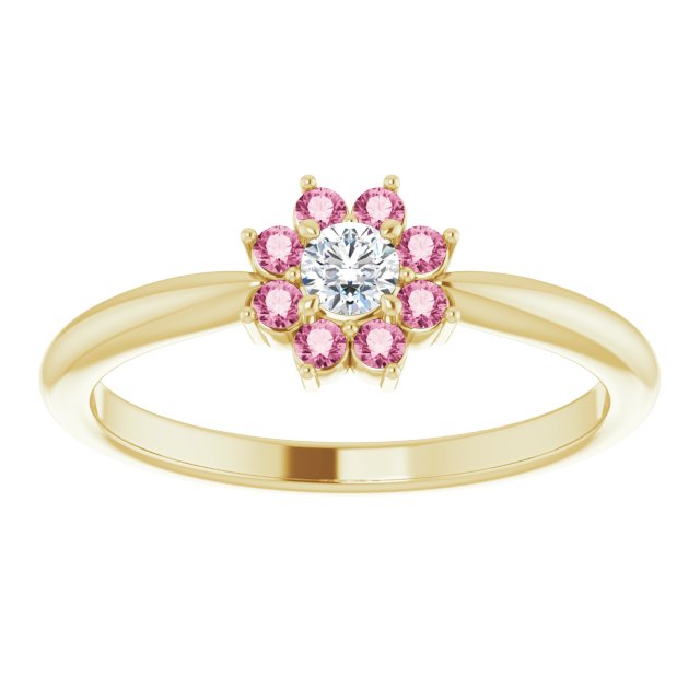 14K Yellow Gold Round 2.5 Mm Polished .06 Ct Natural Diamond And Natural Pink Tourmaline Youth Flower Ring, Size 3