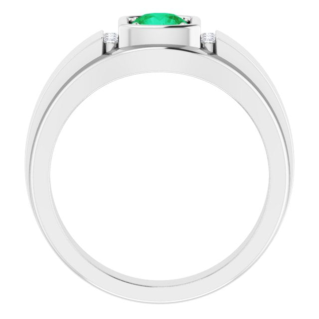 14K White Gold Round 5.5 Mm Polished Natural Emerald And .08 Ctw Natural Diamond Ring, Size 11