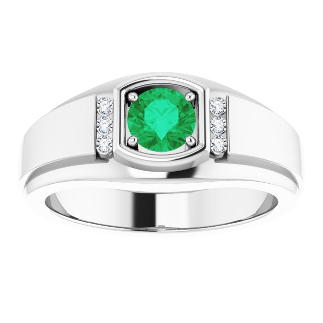 14K White Gold Round 5.5 Mm Polished Natural Emerald And .08 Ctw Natural Diamond Ring, Size 11