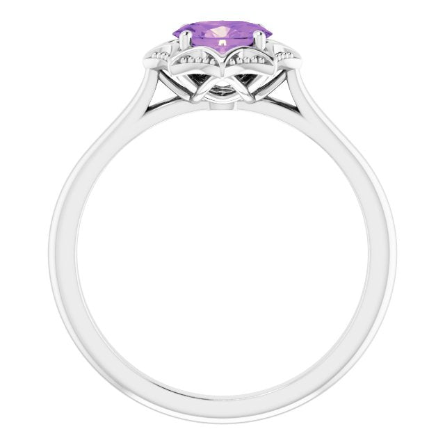 14K White Gold Oval 6 X 4 Mm Polished Natural Amethyst Ring, Size 7