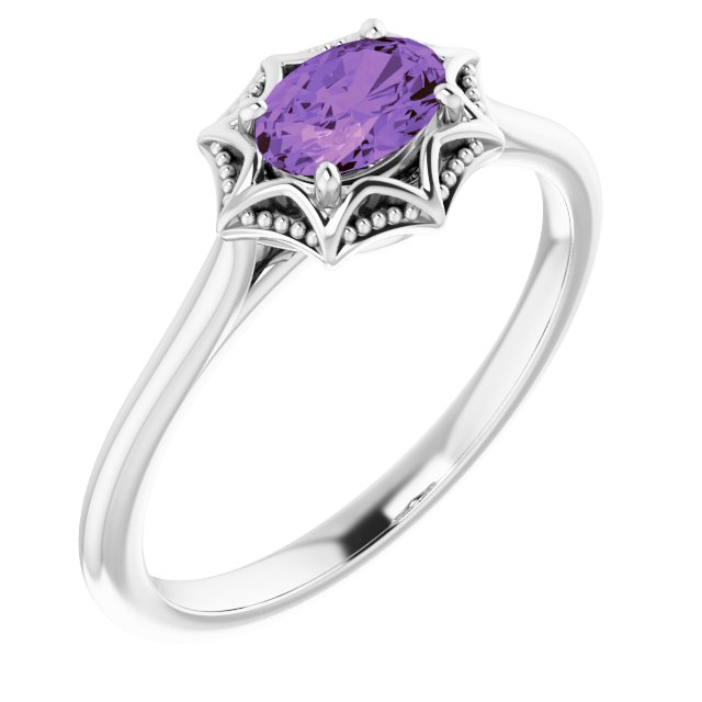 14K White Gold Oval 6 X 4 Mm Polished Natural Amethyst Ring, Size 7