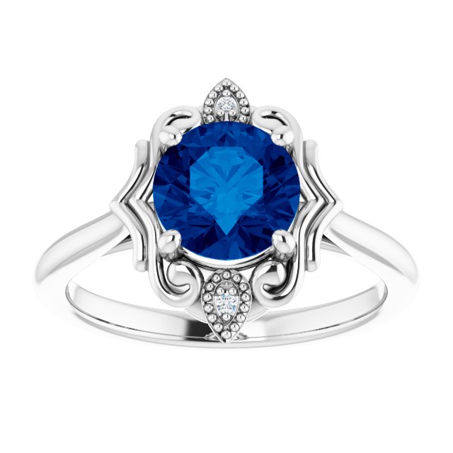 14K White Gold Round 7 Mm Polished Lab-Grown Blue Sapphire And .01 Ctw Natural Diamond Sculptural Ring, Size 7