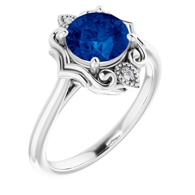 14K White Gold Round 7 Mm Polished Lab-Grown Blue Sapphire And .01 Ctw Natural Diamond Sculptural Ring, Size 7
