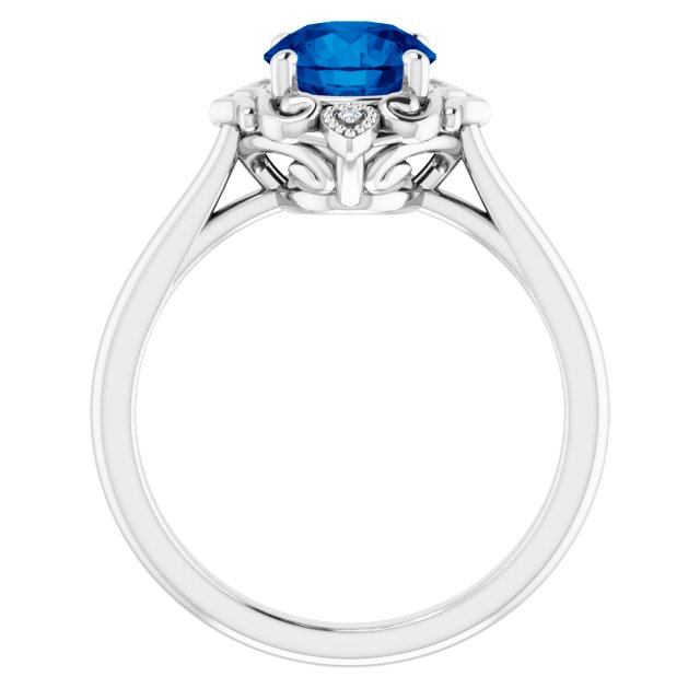14K White Gold Round 7 Mm Polished Lab-Grown Blue Sapphire And .01 Ctw Natural Diamond Sculptural Ring, Size 7