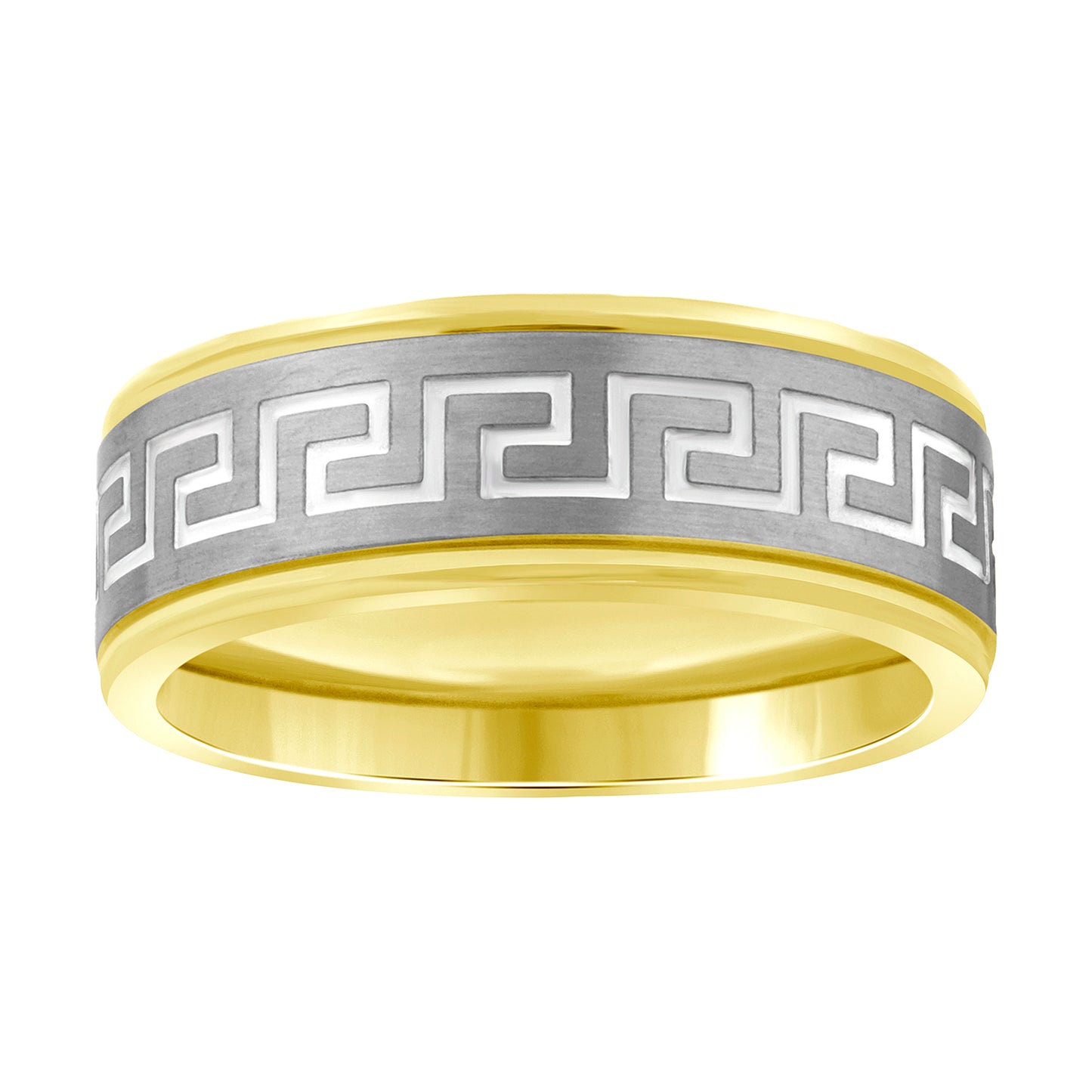 Stainless Steel Mens Two-Tone Greek Key Pattern Center Brushed Step Edges Comfort-Fit Band