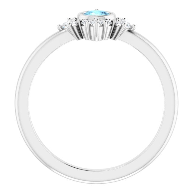 14K White Gold Round 4 Mm Polished Natural Aquamarine And 1/5 Ctw Natural Diamond Halo-Style Ring, Size 7