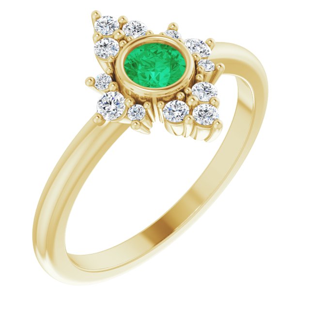 14K Yellow Gold Round 4 Mm Polished Natural Emerald And 1/5 Ctw Natural Diamond Halo-Style Ring, Size 7