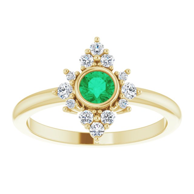 14K Yellow Gold Round 4 Mm Polished Natural Emerald And 1/5 Ctw Natural Diamond Halo-Style Ring, Size 7