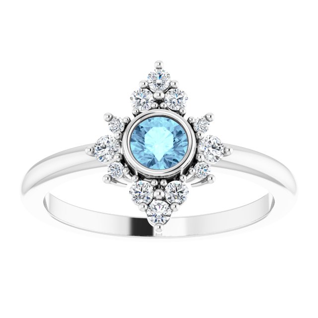 14K White Gold Round 4 Mm Polished Natural Aquamarine And 1/5 Ctw Natural Diamond Halo-Style Ring, Size 7