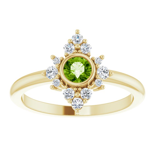 14K Yellow Gold Round 4 Mm Polished Natural Peridot And 1/5 Ctw Natural Diamond Halo-Style Ring, Size 7