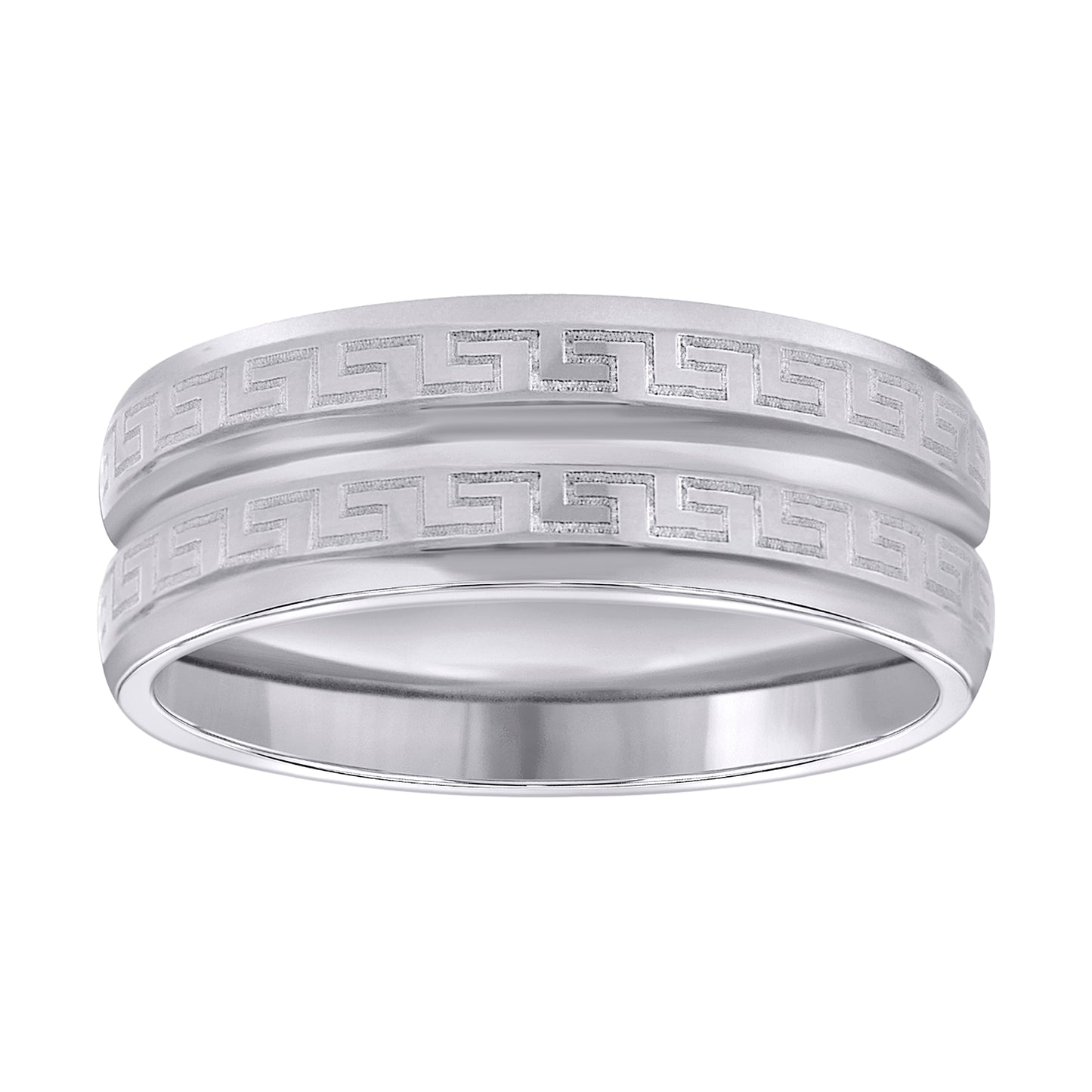 Stainless Steel Or Two-Tone Mens Center Grooved Greek Key Pattern Sizes 7 - 14 Comfort-Fit Fashion Bridal Anniversary Wedding Engagement Band Ring