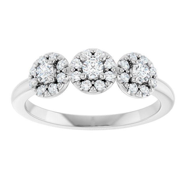 14K White Gold Round 2.5 Mm Polished 3/8 Ctw Natural Diamond Three-Stone Halo-Style Anniversary Band, Size 7