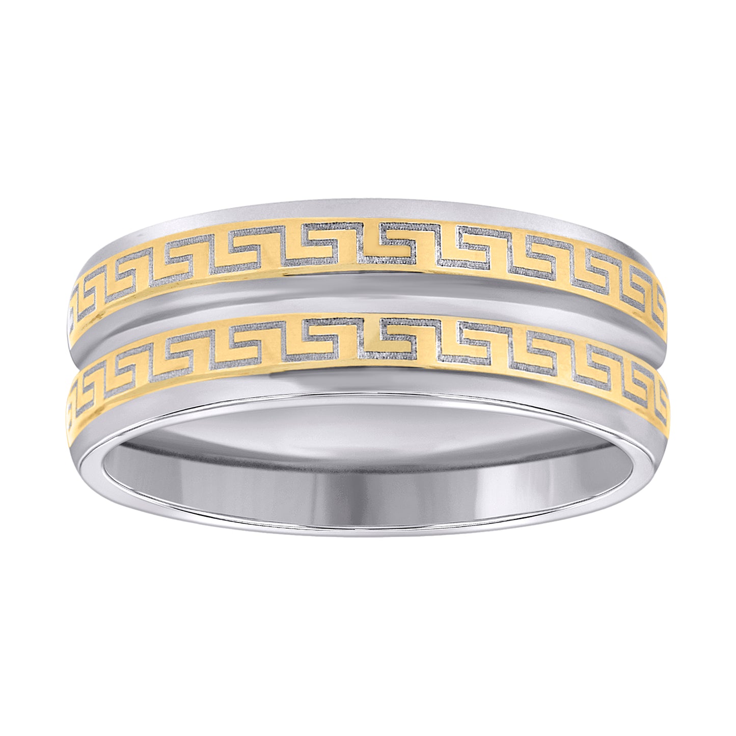 Stainless Steel Or Two-Tone Mens Center Grooved Greek Key Pattern Sizes 7 - 14 Comfort-Fit Fashion Bridal Anniversary Wedding Engagement Band Ring