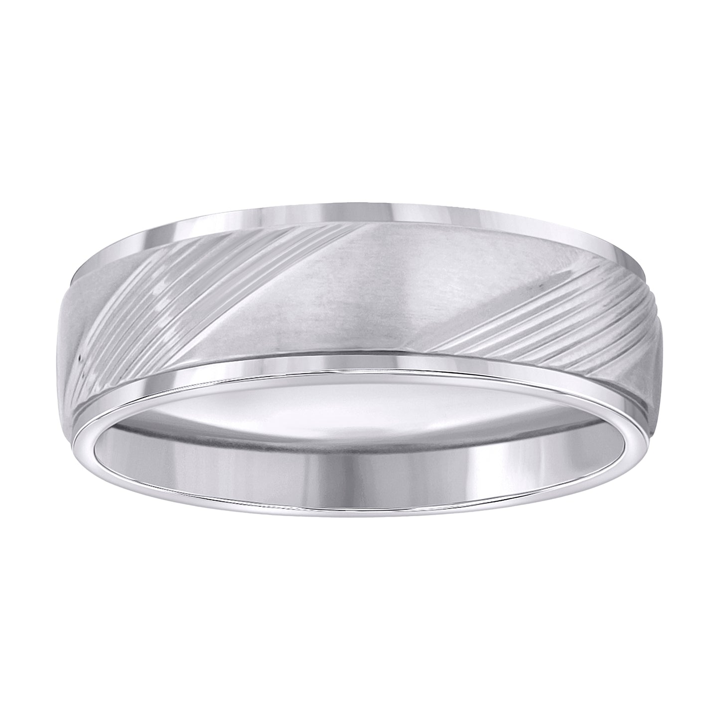 Stainless Steel Mens Laser Cut Diagonal Lines Brushed Center Step Edges Comfort-Fit Band