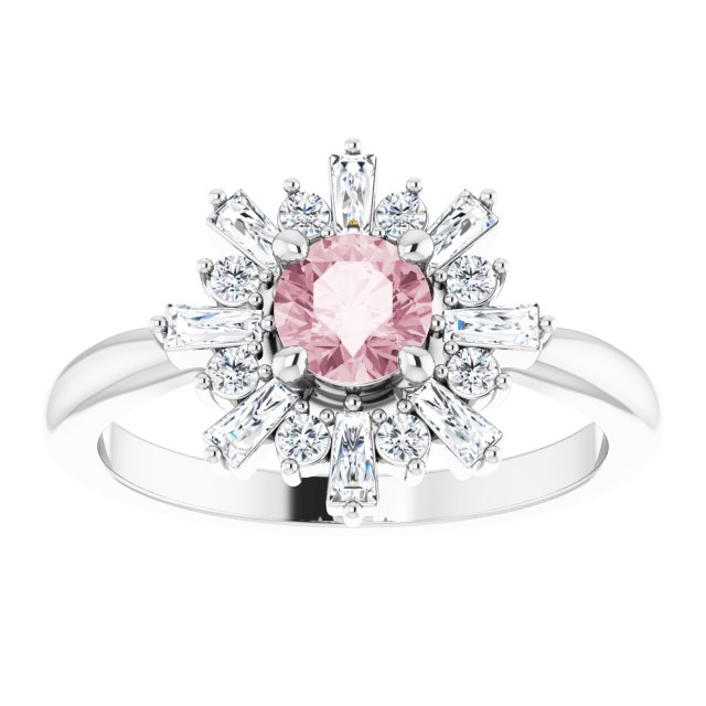 14K White Gold Round 5 Mm Polished Natural Pink Morganite And 3/8 Ctw Natural Diamond Halo-Style Ring, Size 7