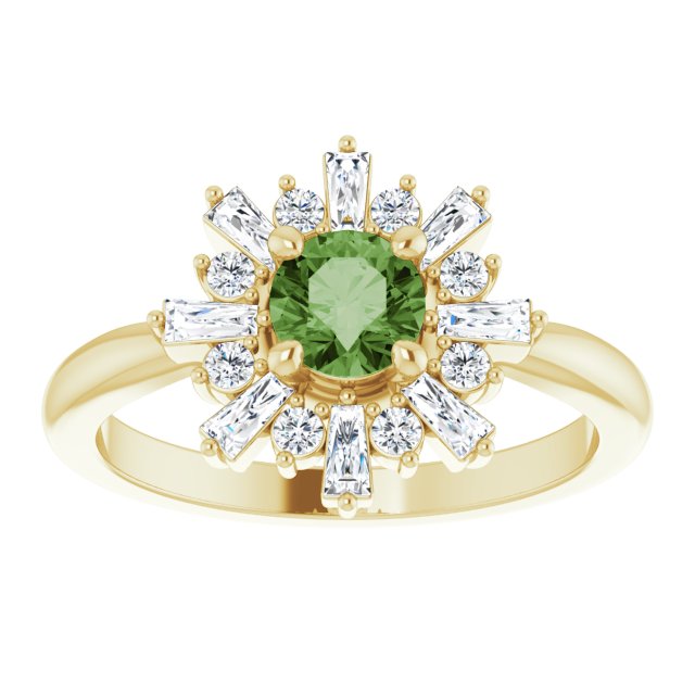 14K Yellow Gold Round 5 Mm Polished Natural Green Tourmaline And 3/8 Ctw Natural Diamond Halo-Style Ring, Size 7