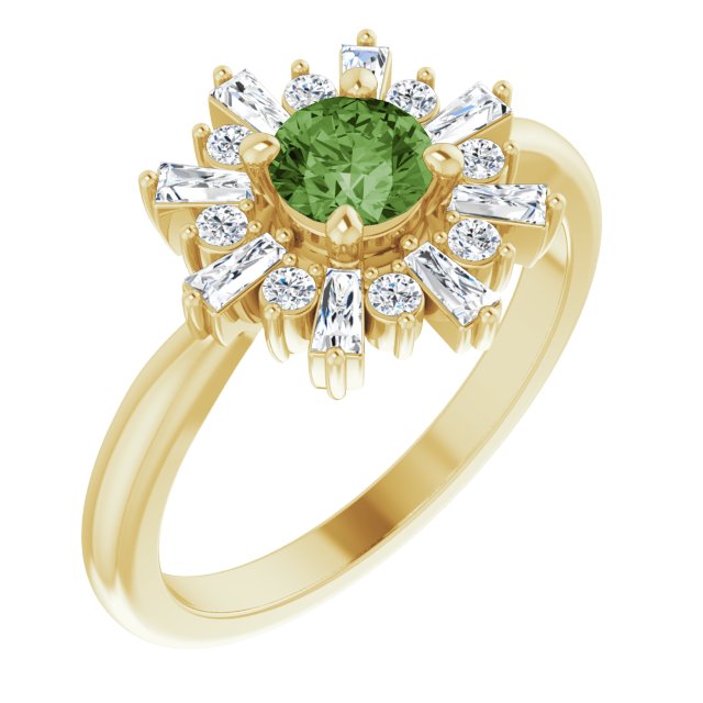 14K Yellow Gold Round 5 Mm Polished Natural Green Tourmaline And 3/8 Ctw Natural Diamond Halo-Style Ring, Size 7