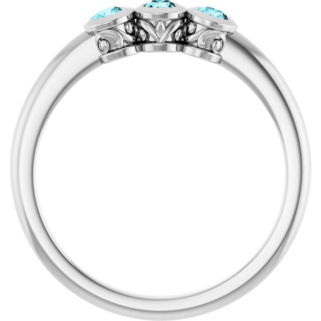 Sterling Silver Round 2.5 Mm Polished Natural Blue Zircon 3-Stone Ring, Size 7