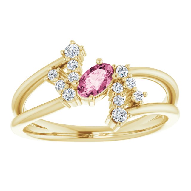 14K Yellow Gold Oval 5 X 3 Mm Polished Natural Pink Tourmaline And 1/8 Ctw Natural Diamond Bypass Ring, Size 7