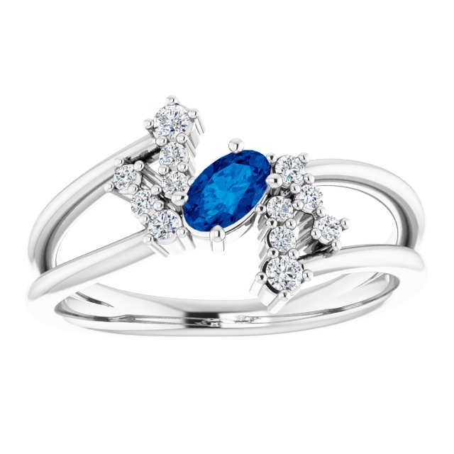 14K White Gold Oval 5 X 3 Mm Polished Natural Blue Sapphire And 1/8 Ctw Natural Diamond Bypass Ring, Size 7