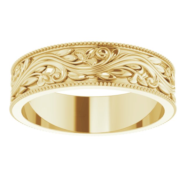14K Yellow Gold 6 Mm Polished Milgrain Edge Sculptural Standard Fit Band, Size 10