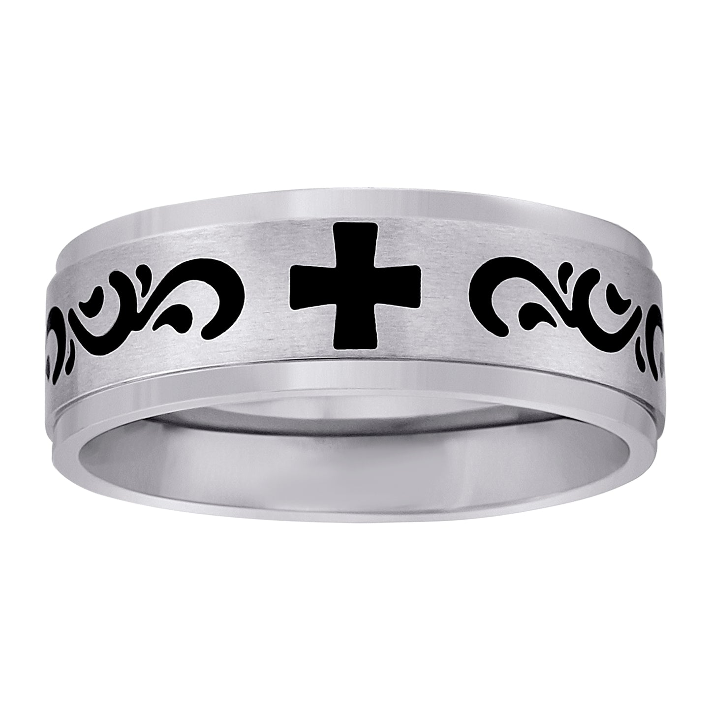 Stainless Steel Mens Two-Tone Black Greek Cross Center Brushed Comfort-Fit Fashion Bridal Anniversary Wedding Engagement Band Ring