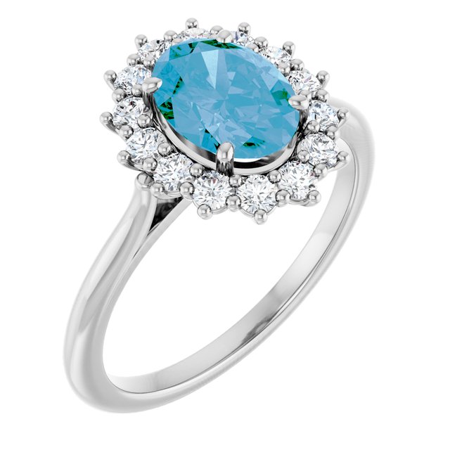 14K White Gold Oval 8 X 6 Mm Polished Natural Swiss Blue Topaz And 3/8 Ctw Natural Diamond Halo-Style Ring, Size 7