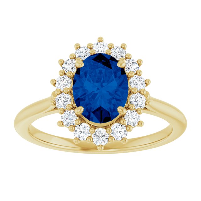 14K Yellow Gold Oval 8 X 6 Mm Polished Lab-Grown Blue Sapphire And 3/8 Ctw Natural Diamond Halo-Style Ring Size 7