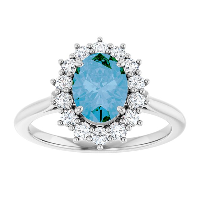 14K White Gold Oval 8 X 6 Mm Polished Natural Swiss Blue Topaz And 3/8 Ctw Natural Diamond Halo-Style Ring, Size 7