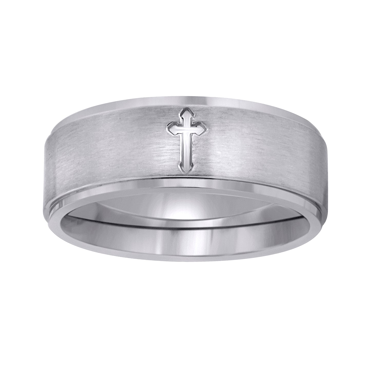 Stainless Steel Mens Center Brushed Engraved Cross Sizes 7 - 14 Comfort-Fit Fashion Bridal Anniversary Wedding Engagement Band Ring