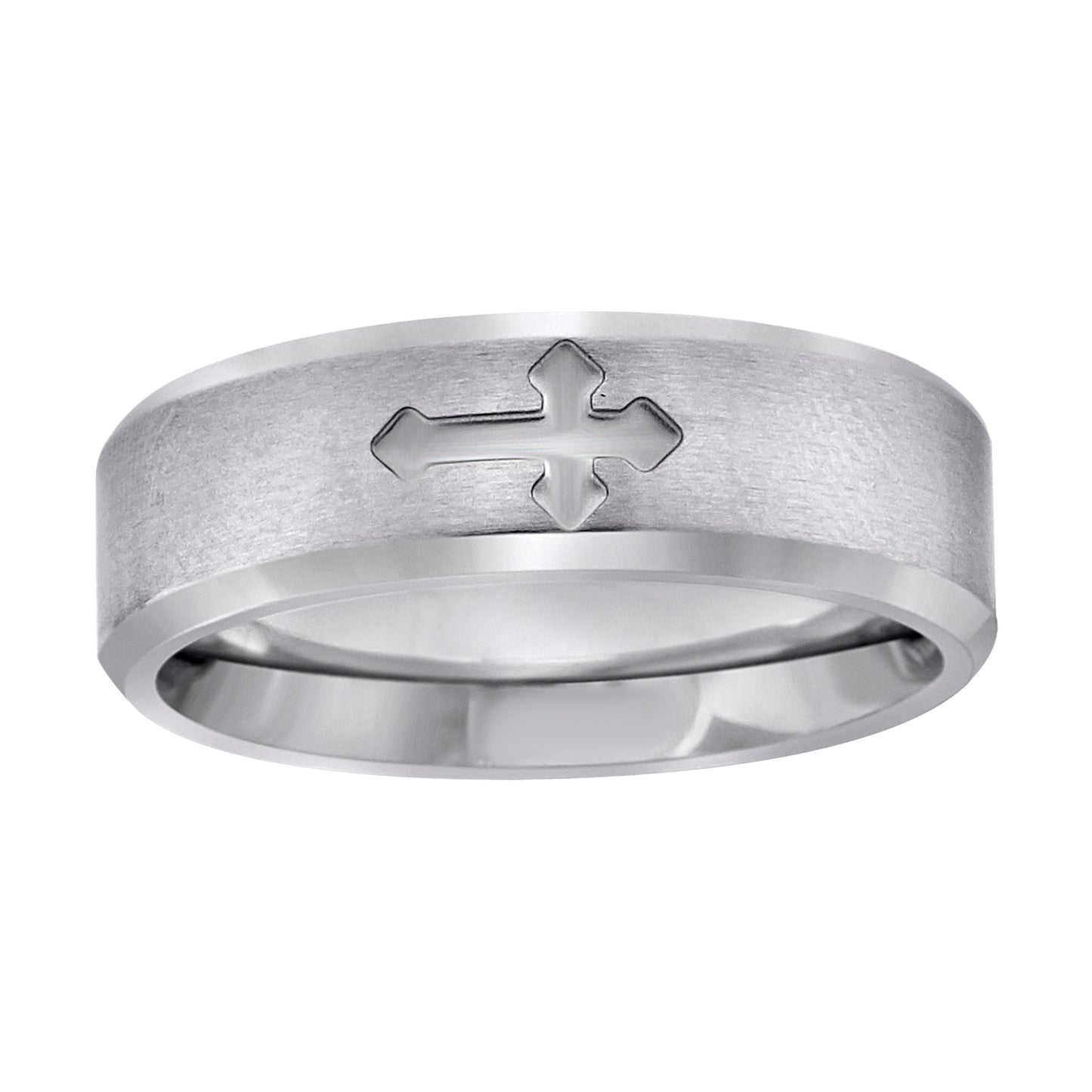 Stainless Steel Mens Center Brushed Cross Beveled Edges Sizes 7 - 14 Comfort-Fit Fashion Bridal Anniversary Wedding Engagement Band Ring