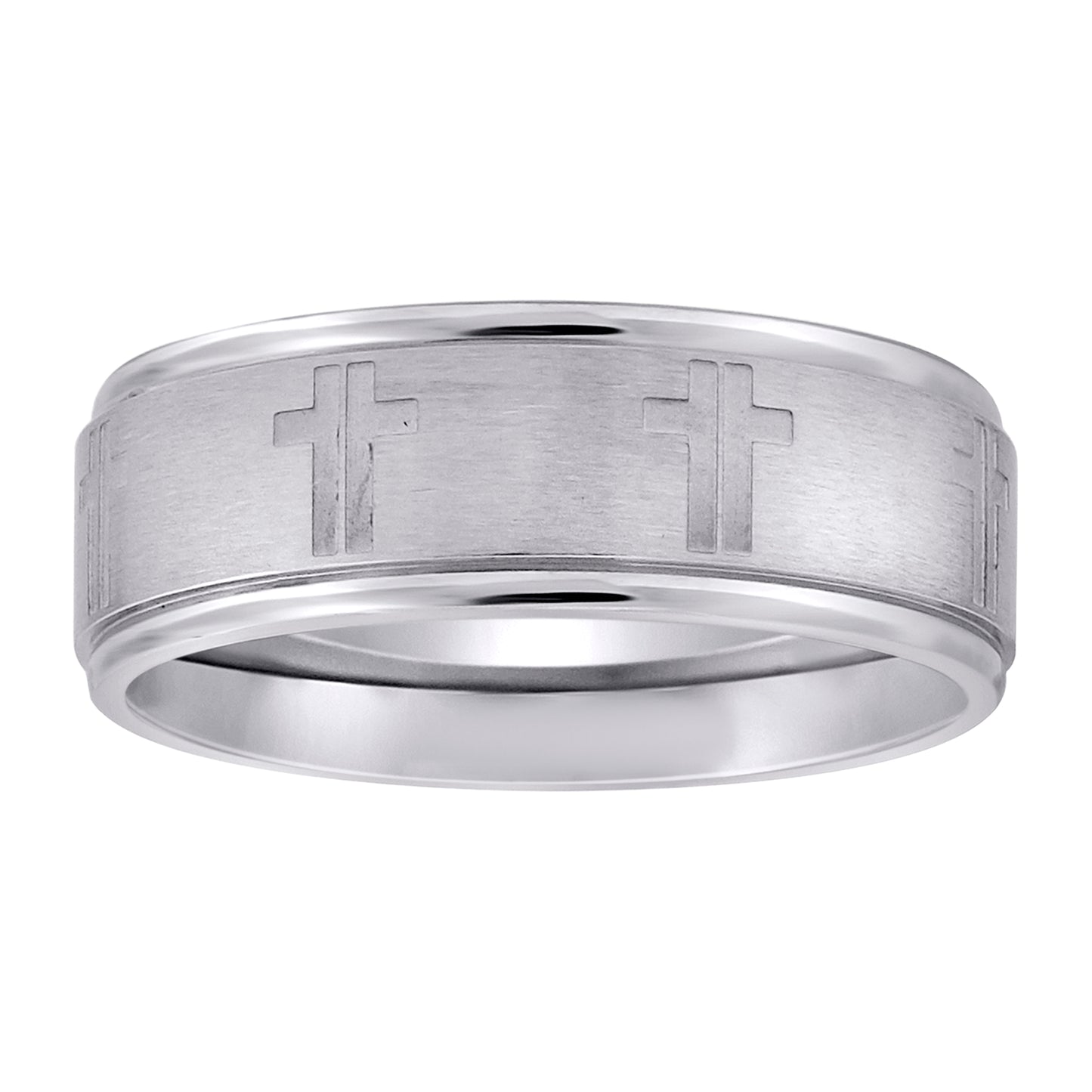 Stainless Steel Mens Center Brushed With Cross Step Edges Sizes 7 - 14 Comfort-Fit Fashion Bridal Anniversary Wedding Engagement Band Ring