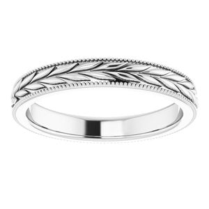 10K White Gold 3 Mm Polished Leaf And Milgrain Band Size 8