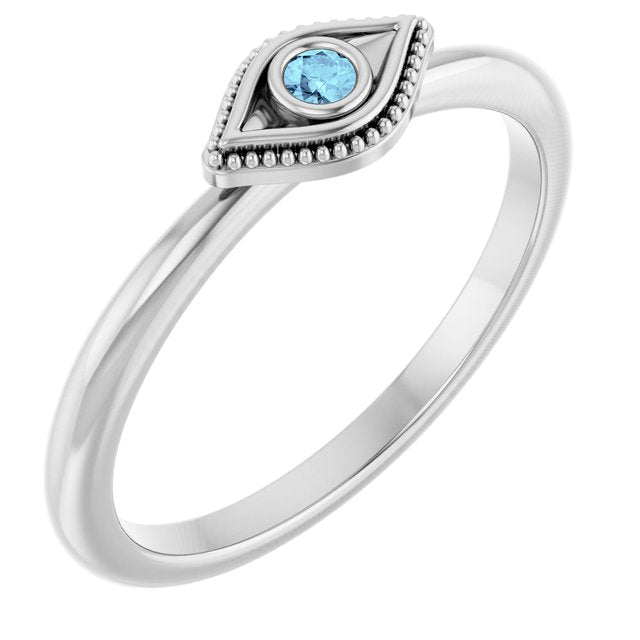 14K Yellow Or White Gold Round 2 Mm Polished Natural Aquamarine Stackable Evil Eye Ring, Size 7