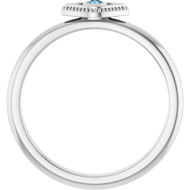 14K Yellow Or White Gold Round 2 Mm Polished Natural Aquamarine Stackable Evil Eye Ring, Size 7