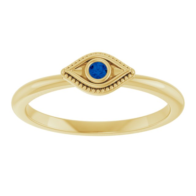 14K Yellow Gold Round 2 Mm Polished Lab-Grown Blue Sapphire Stackable Evil Eye Ring, Size 7