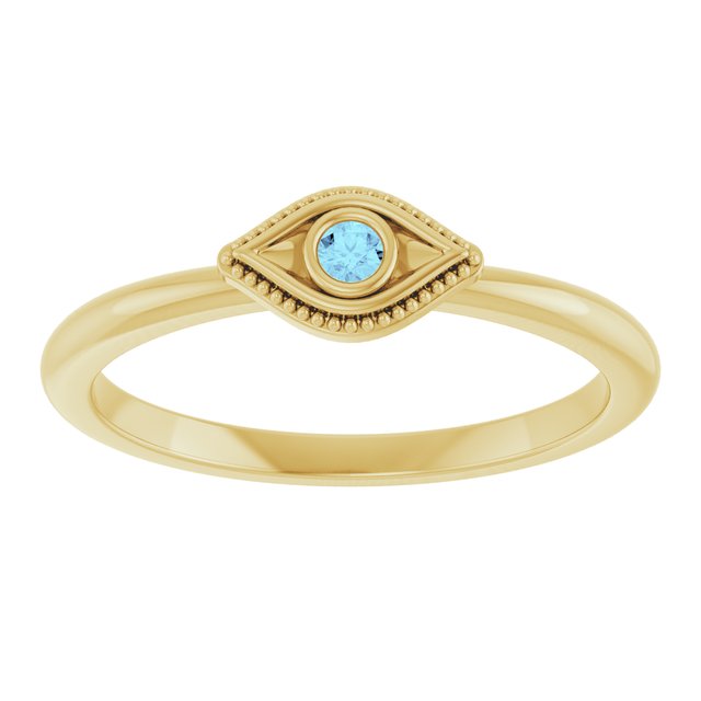 14K Yellow Or White Gold Round 2 Mm Polished Natural Aquamarine Stackable Evil Eye Ring, Size 7