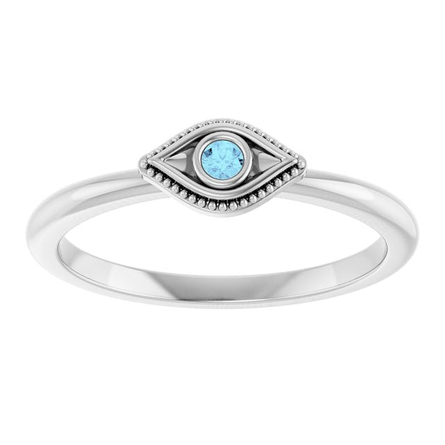14K Yellow Or White Gold Round 2 Mm Polished Natural Aquamarine Stackable Evil Eye Ring, Size 7