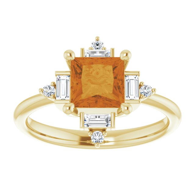 14K Yellow Gold Square 6 X 6 Mm Polished Natural Citrine And 1/5 Ctw Natural Diamond Ring, Size 7