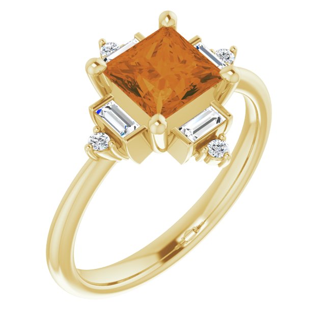 14K Yellow Gold Square 6 X 6 Mm Polished Natural Citrine And 1/5 Ctw Natural Diamond Ring, Size 7