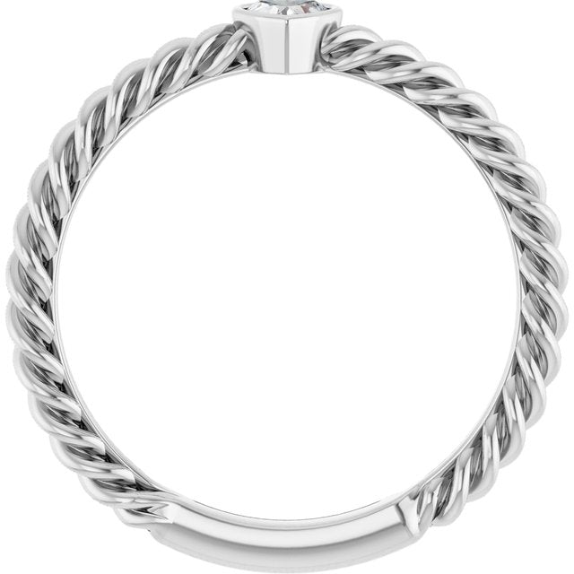 14K Yellor Or White Or Rose Gold Or Sterling Silver Heart 3.5 X 3.2 Mm Polished 1/6 Ct Natural Diamond Bezel-Set Stackable Rope Ring, Size 7