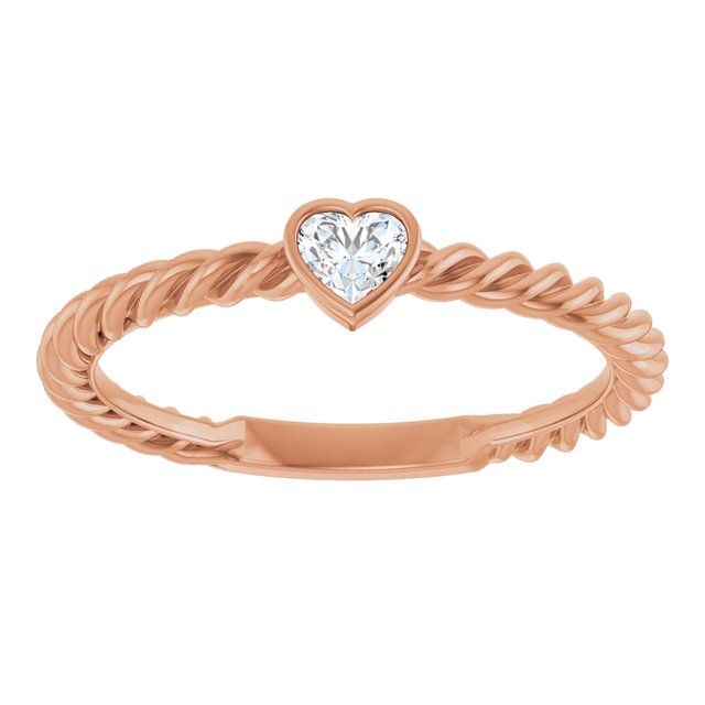 14K Yellor Or White Or Rose Gold Or Sterling Silver Heart 3.5 X 3.2 Mm Polished 1/6 Ct Natural Diamond Bezel-Set Stackable Rope Ring, Size 7