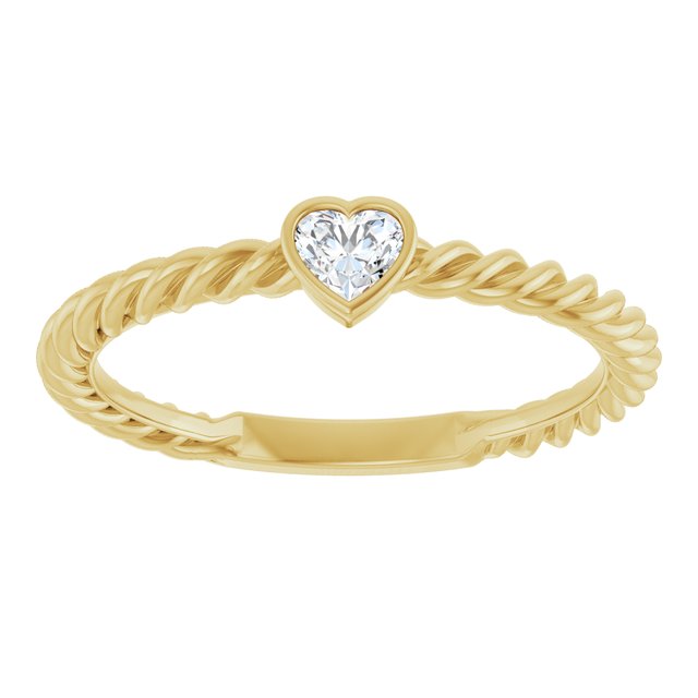 14K Yellor Or White Or Rose Gold Or Sterling Silver Heart 3.5 X 3.2 Mm Polished 1/6 Ct Natural Diamond Bezel-Set Stackable Rope Ring, Size 7