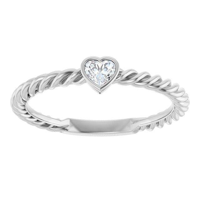 14K Yellor Or White Or Rose Gold Or Sterling Silver Heart 3.5 X 3.2 Mm Polished 1/6 Ct Natural Diamond Bezel-Set Stackable Rope Ring, Size 7