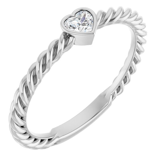 14K Yellor Or White Or Rose Gold Or Sterling Silver Heart 3.5 X 3.2 Mm Polished 1/6 Ct Natural Diamond Bezel-Set Stackable Rope Ring, Size 7