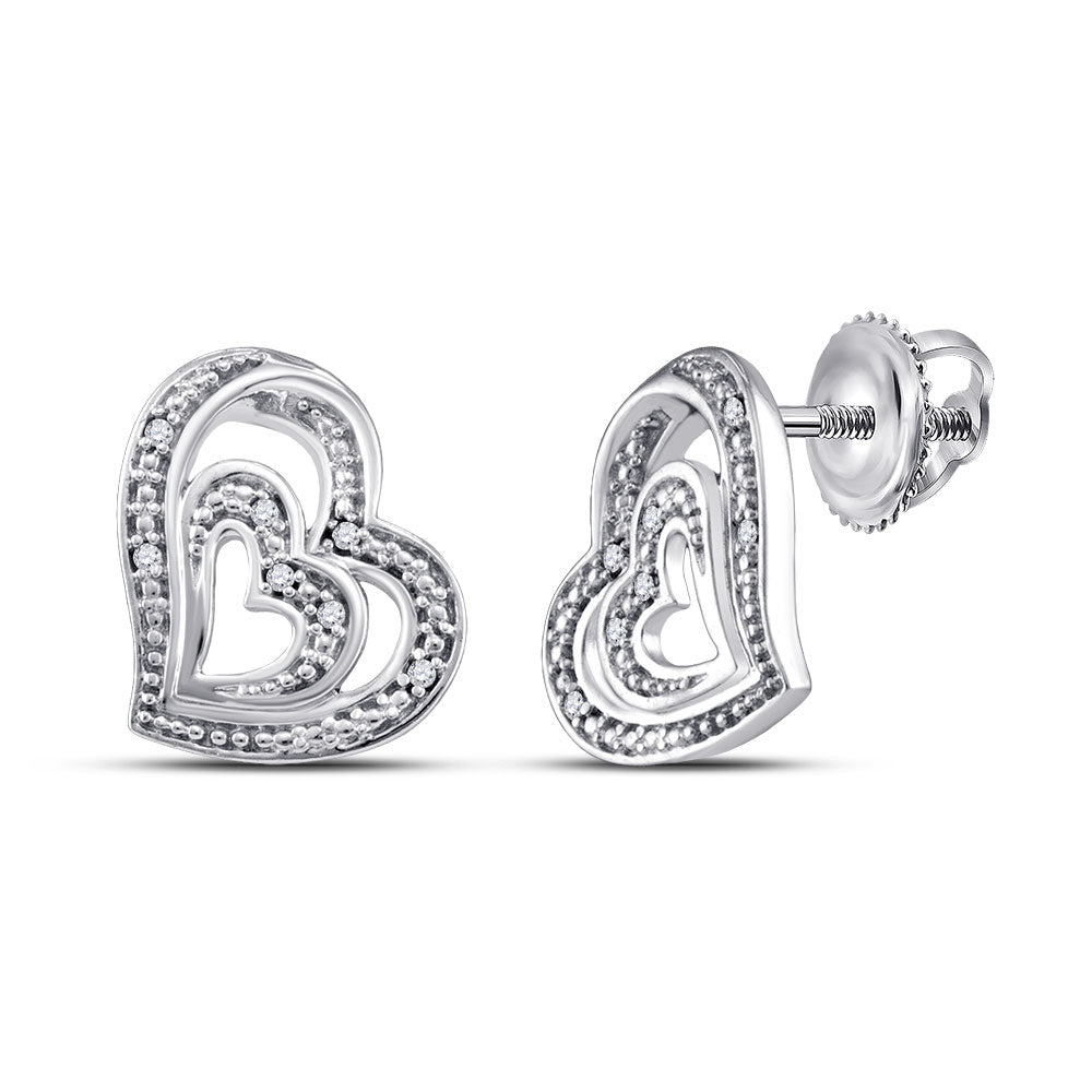 Sterling Silver Womens Round Diamond Heart Earrings 1/20 Cttw, Length: 0.52 In, Width: 0.48 In