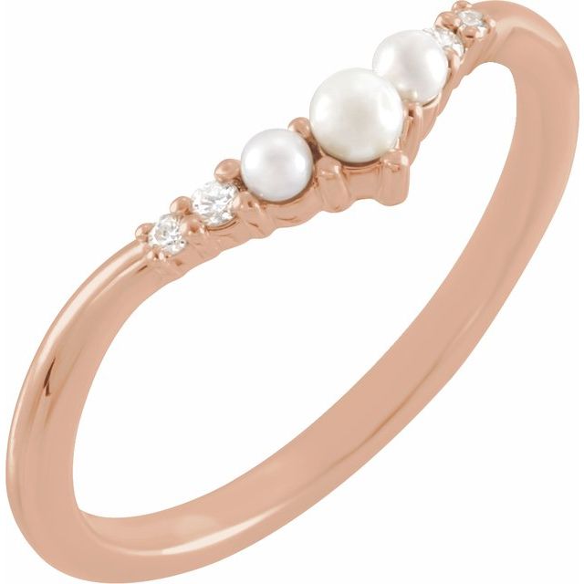 14K Rose Gold 2.5 Mm Polished Cultured White Seed Pearl And .03 Ctw Natural Diamond Contour Band, Size 7